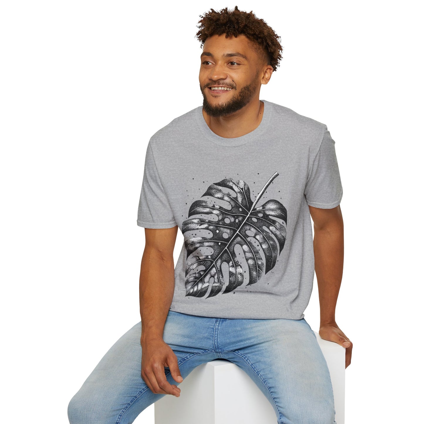 Monstera Leaf Tee — Botanical Black & White Graphic T-Shirt
