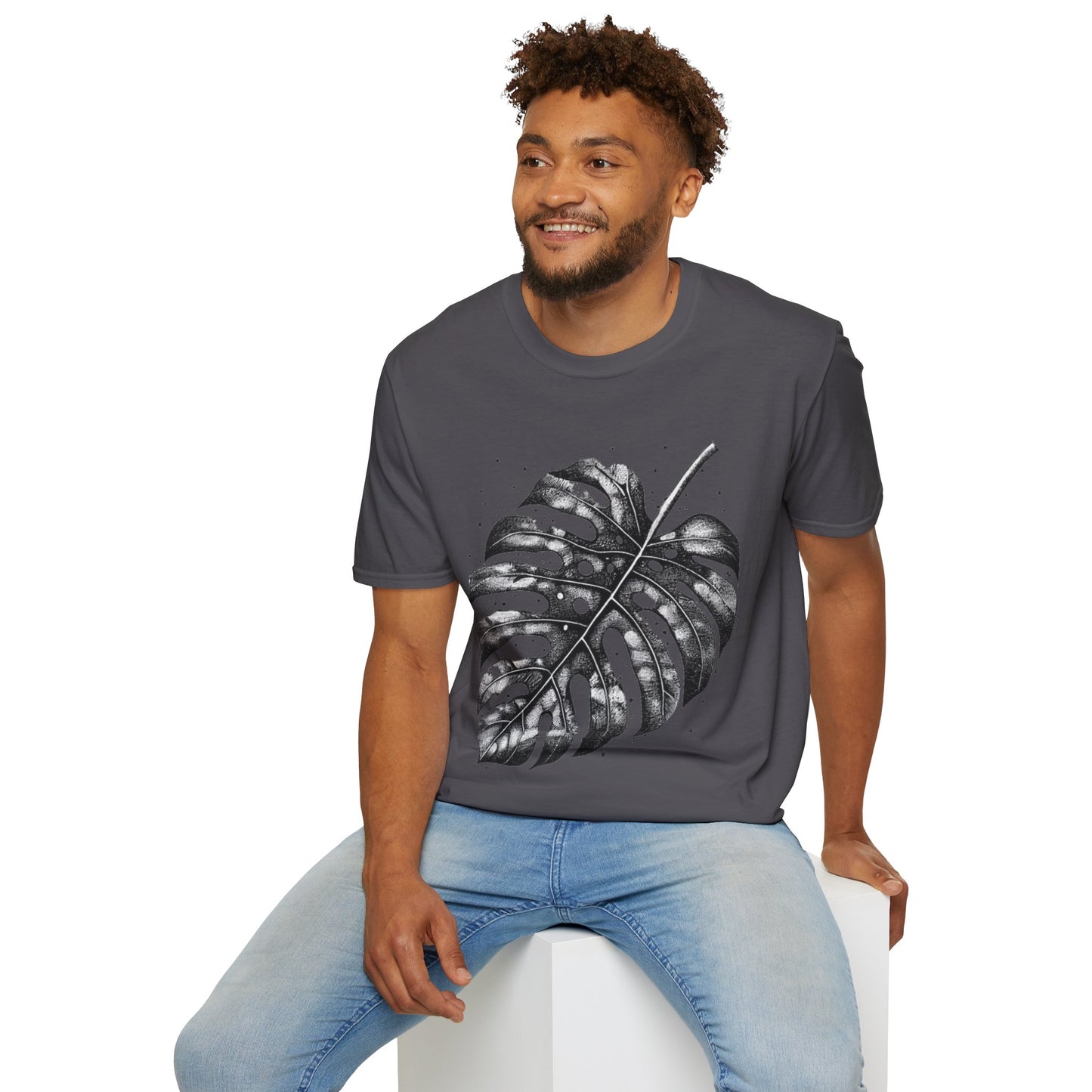 Monstera Leaf Tee — Botanical Black & White Graphic T-Shirt